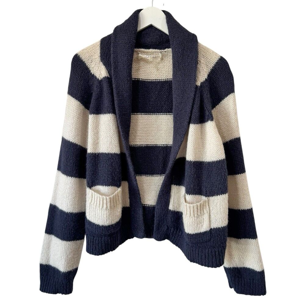 The Great The Lodge Cardigan Navy Cream Stripe Nautical Preppy Wool Mohair 3 Lrg